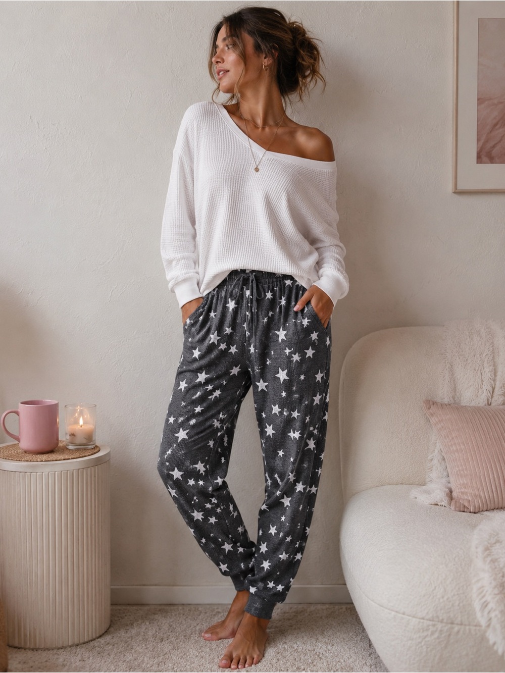 Victoria’s Secret Gray Waffle Knit Star Print Lounge Joggers